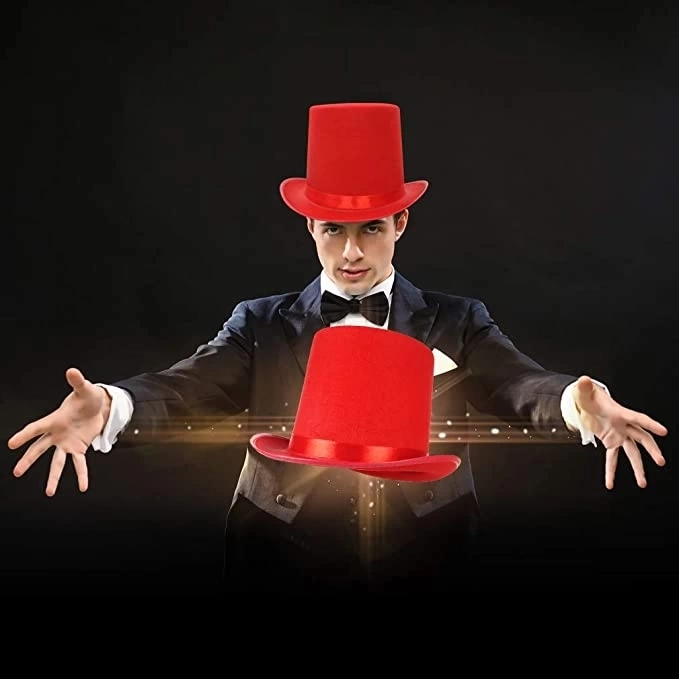 ystekno Yetişkinler İçin Kırmızı Renk Ringmaster Sihirbaz Şapkası Fötr Şapka 15 Cm - Görsel 2